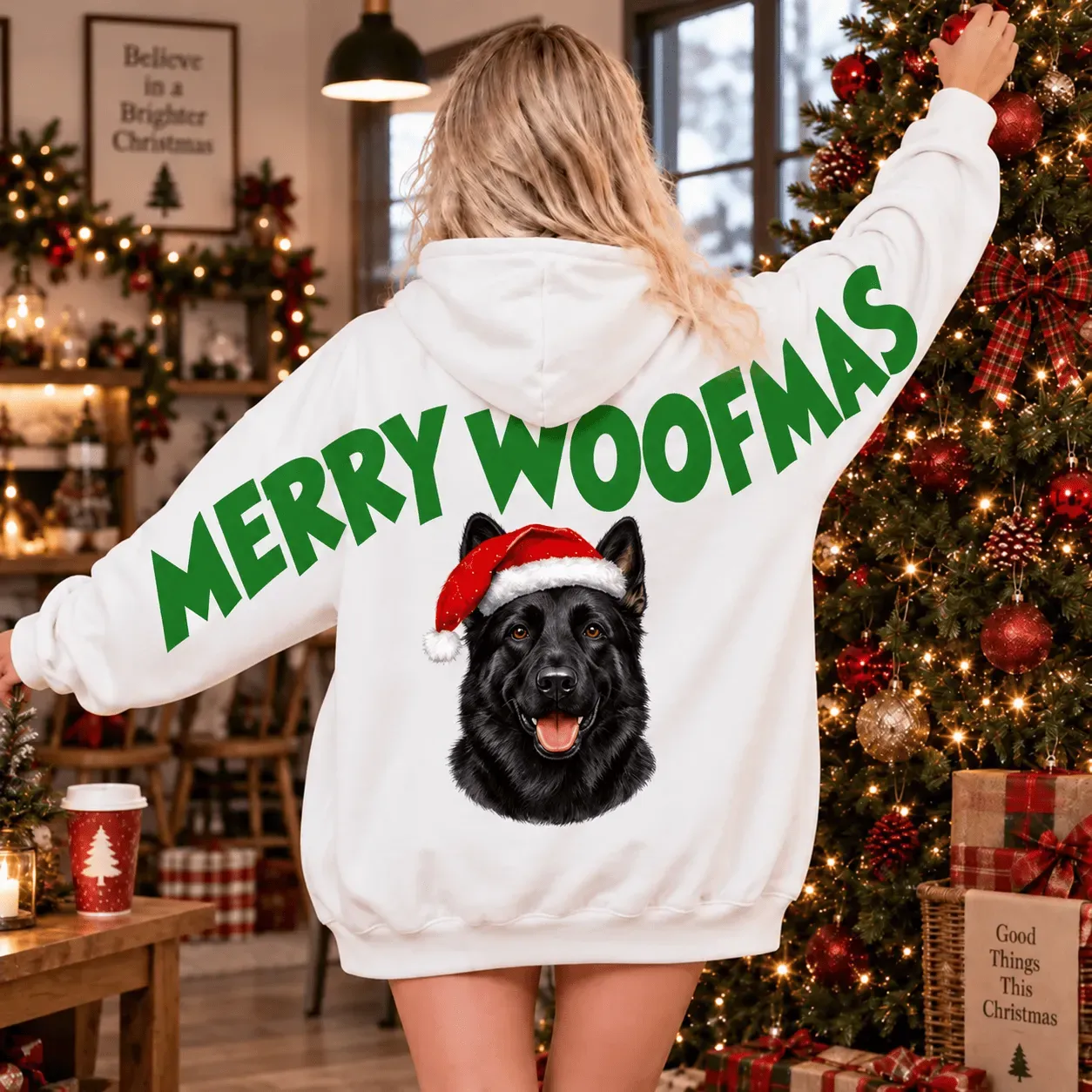 Custom Pet Portrait Santa Hat Sweatshirt — Merry Woofmas Back Print, Dog Mom Hoodie
