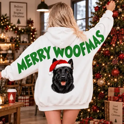 Custom Pet Portrait Santa Hat Sweatshirt — Merry Woofmas Back Print, Dog Mom Hoodie