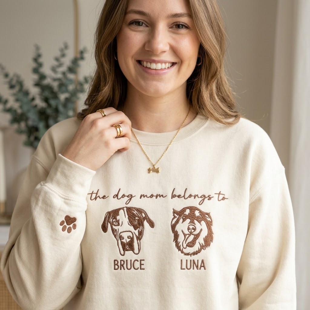 Custom Embroidered Pet Portrait Sweatshirt, Personalized Pet Lover Gift,For Dog Mom & Dad