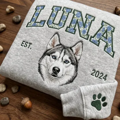 Custom Pet Portrait Embroidered Sweatshirt with Chinoiserie Appliqué Name