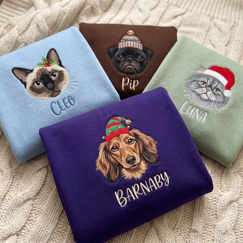 Personalized Pet Christmas Sweatshirt — Embroidered Dog or Cat Portrait with Holiday Hat