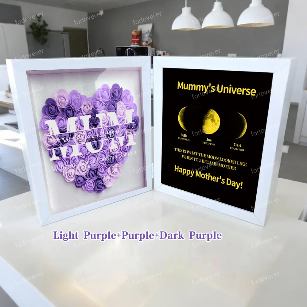 Mum We Love You With REAL MOON PHASE Anniversary Calendar - Mummy's Universe Personalized Heart Shape Flower Shadow Box-forlovever