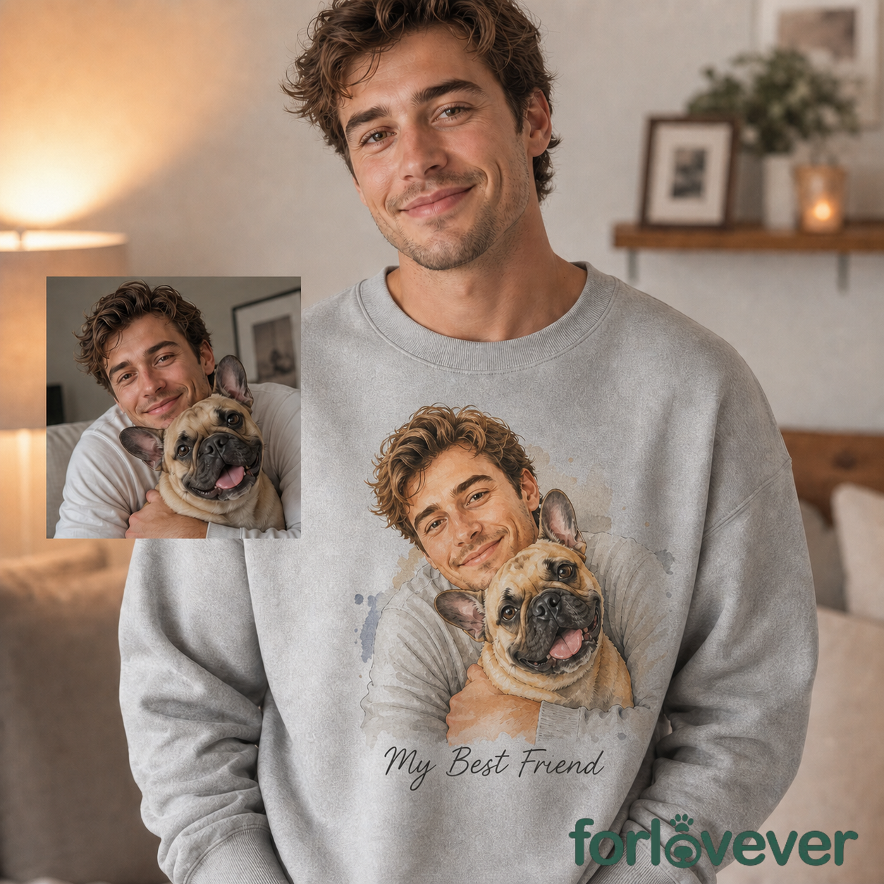 Custom Watercolor Pet & Owner Portrait Sweatshirt, Personalized Pet Photo Crewneck with Custom Text