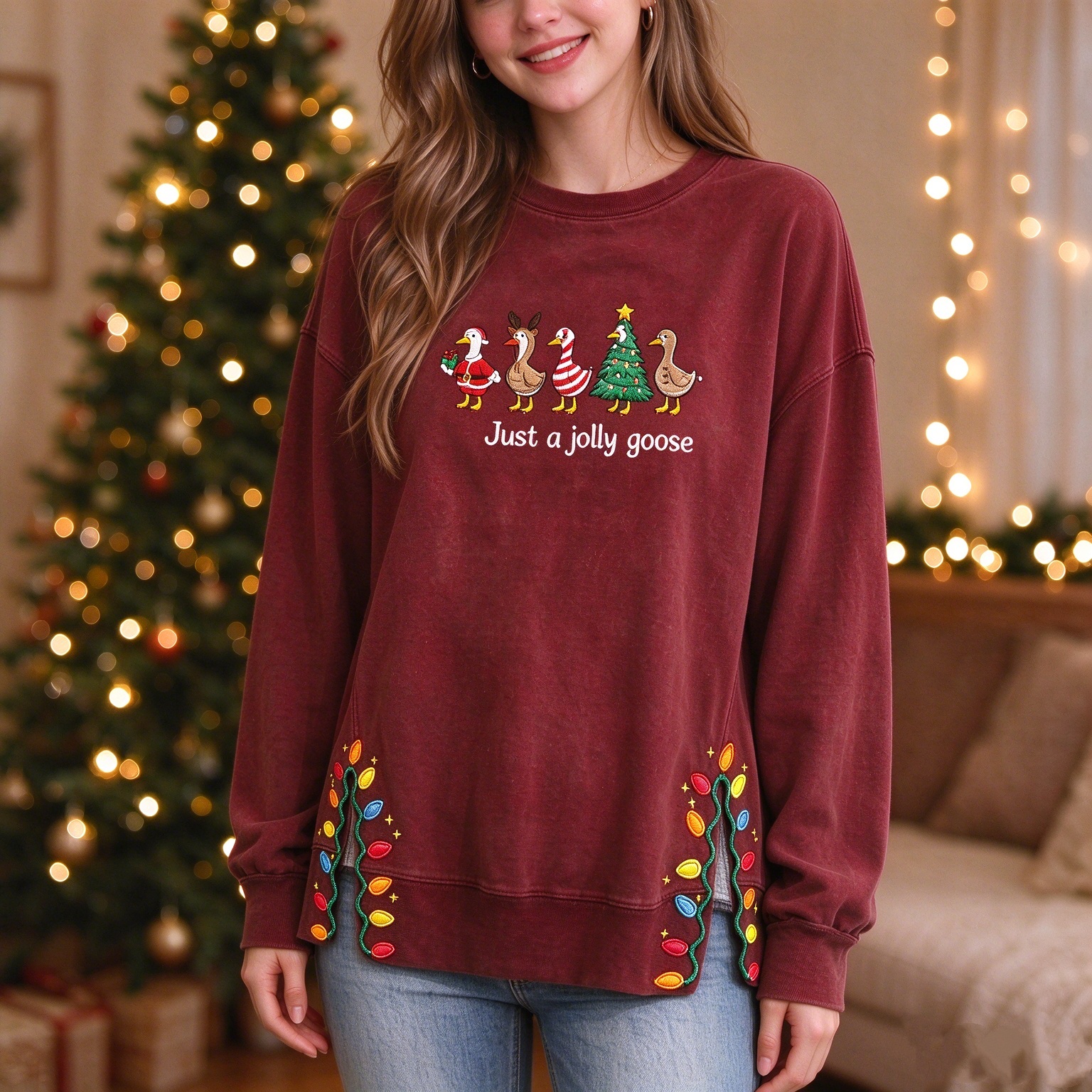 Just A JOLLY Embroidered Goose Crewneck,Christmas Gift For Family