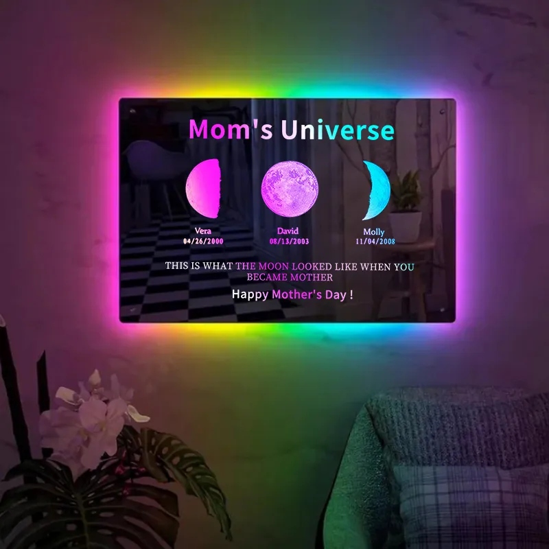 Custom Moon Phase Frame Mirror Light With Text & Date- Custom Art Frame for Mom - Mommy's Universe
