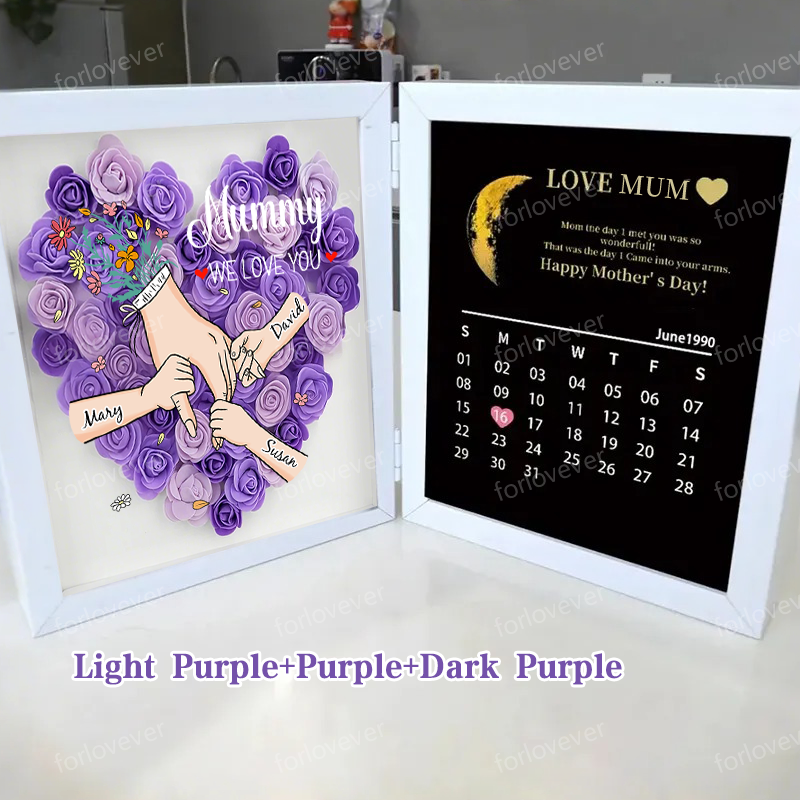 Mum We Love You With REAL MOON PHASE Anniversary Calendar - Personalised Mum & Grandma Flower Shadow Box with Names-forlovever