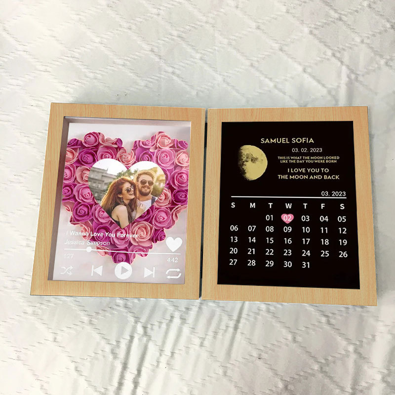 (Heart With Song) Custom Flowers Frame with REAL MOON PHASE Anniversary Calendar-forlovever