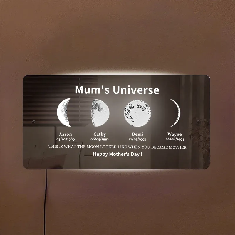 Custom Moon Phase Frame Mirror Light With Text & Date- Custom Art Frame for Mom - Mommy's Universe