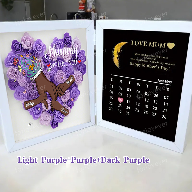 Mum We Love You With REAL MOON PHASE Anniversary Calendar - Personalised Mum & Grandma Flower Shadow Box with Names-forlovever