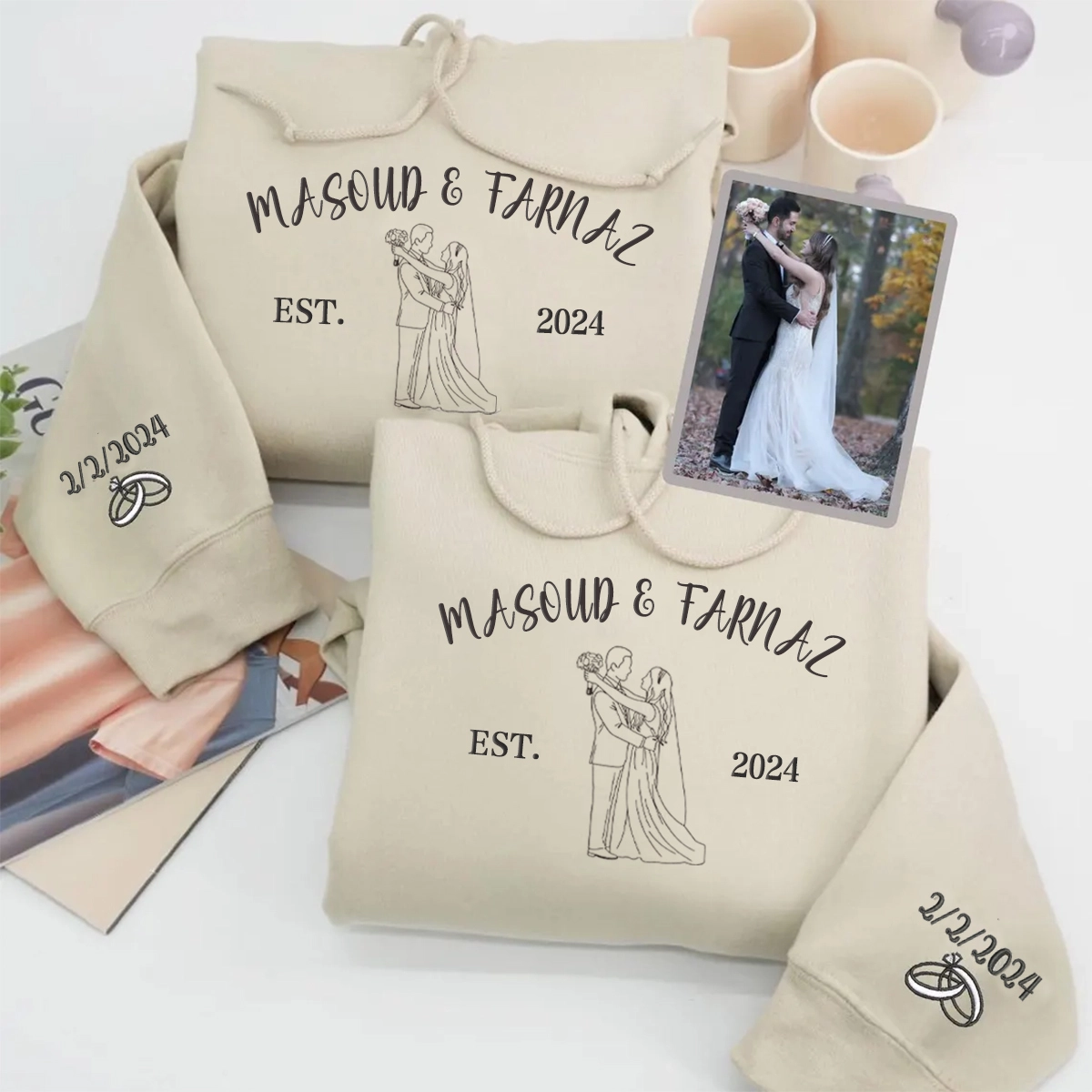 Custom Couple Outline Photo And Name Embroidered Sweatshirts