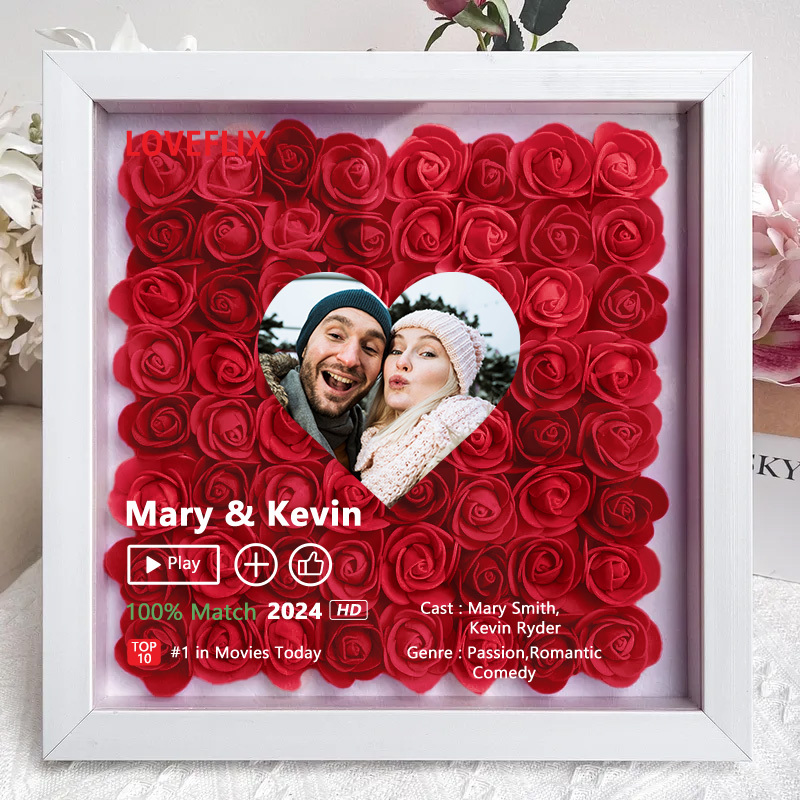 (Square Shaped) Custom LOVEFLIX Movie Photo Flower Shadow Box with Your Love Story-forlovever