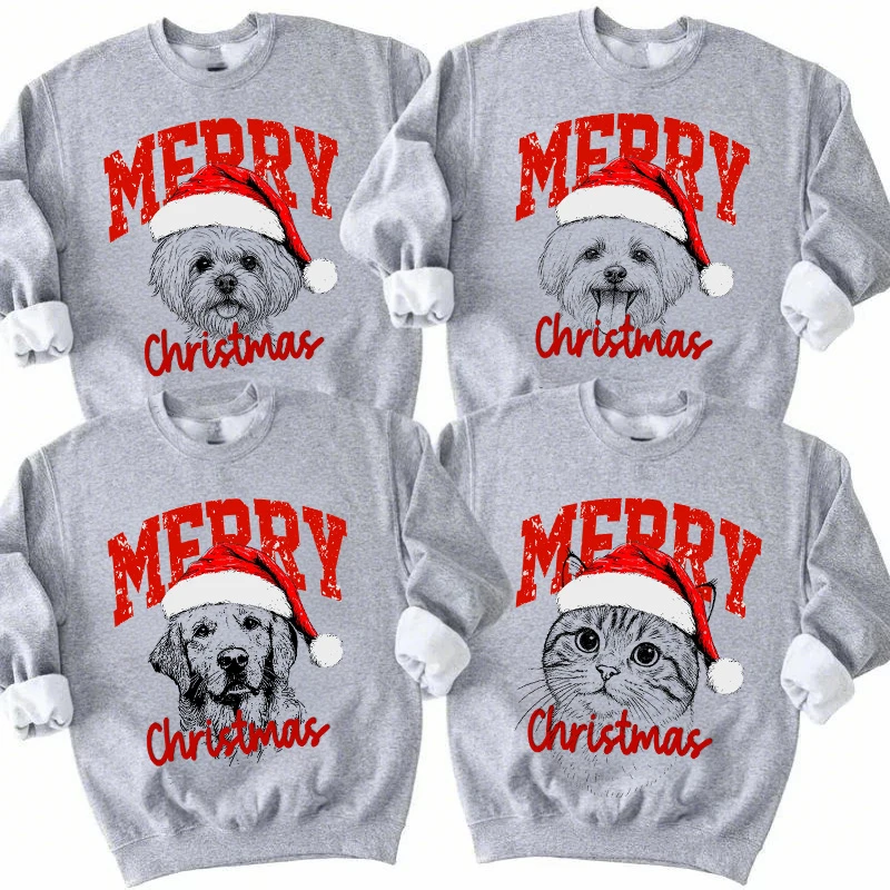 Custom Pet Portrait Christmas Sweatshirt - Personalized Dog/Cat Santa Hat Hoodie