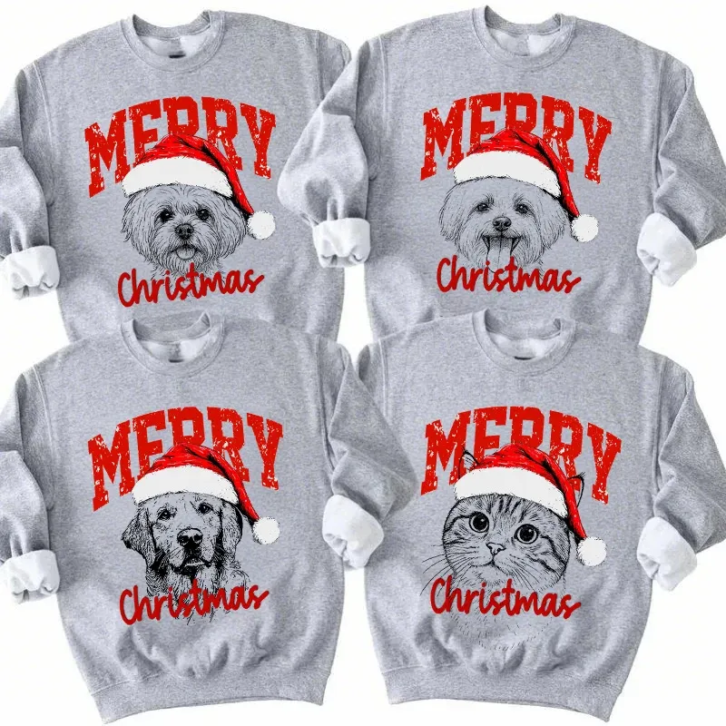 Custom Pet Portrait Christmas Sweatshirt - Personalized Dog/Cat Santa Hat Hoodie
