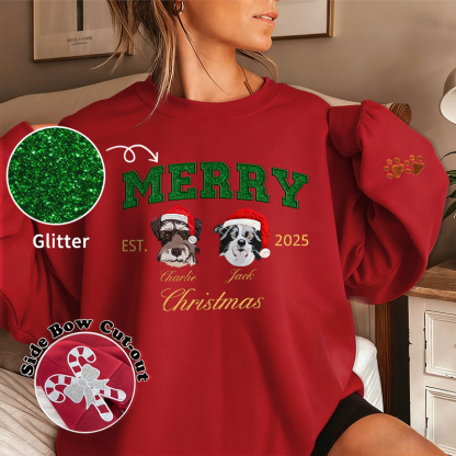 Custom Sequined Christmas Merry Christmas Embroidered Pet Portrait Sweatshirt With Sequined Side Design