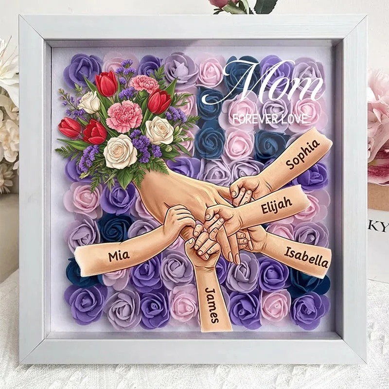 Forlovever™ Tulips & White Roses & Carnations Personalized Mom Holding Hands Shadow Box – Custom Name Remembrance Frame, Mother’s Day In Loving Memory Gift