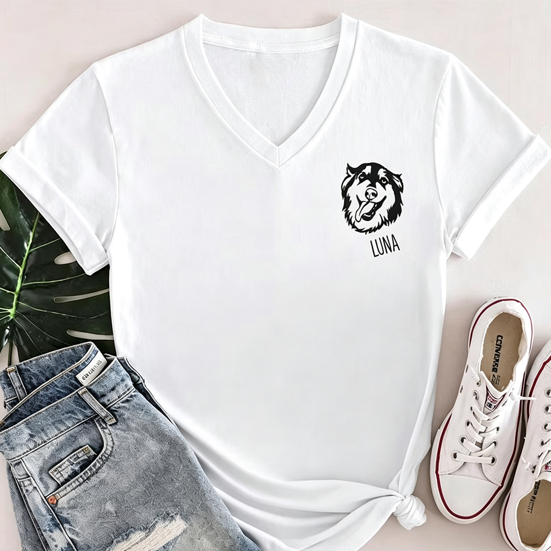 Custom Embroidered Pet Face V Neck T Shirt Personalized Gift for Dog And Cat Lovers