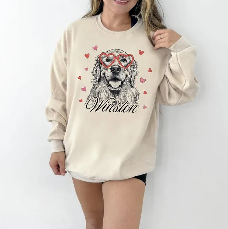 Custom Pet Valentine’s Day Sweatshirt - Personalized Dog/Cat Heart Glasses Graphic Crewneck