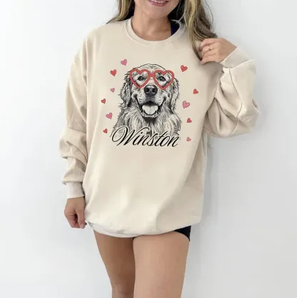 Custom Pet Valentine’s Day Sweatshirt - Personalized Dog/Cat Heart Glasses Graphic Crewneck