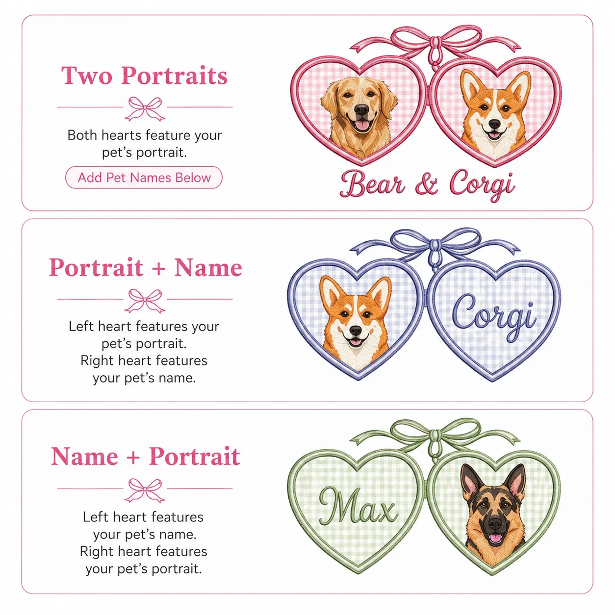 Custom Pet Portrait Embroidered Sweatshirt with Locket Heart Coquette Bow Design