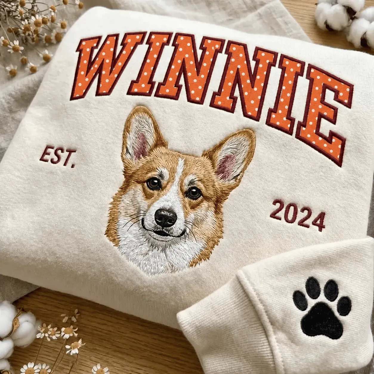 Custom Pet Portrait Embroidered Sweatshirt with Polka Dot Applique Varsity Name
