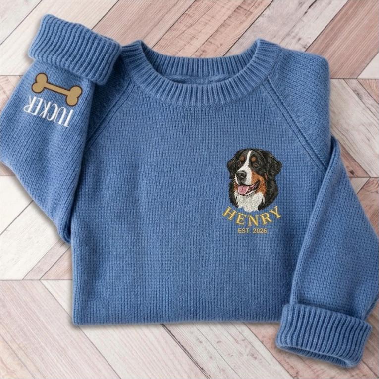 Custom Pet Portrait Knit Sweater, Personalized Dog Embroidered Sweater, Pet Lover Gift