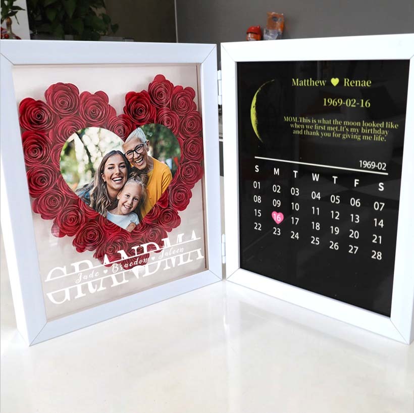 (Grandma Photo With Name) Custom flower frame with REAL MOON PHASE Anniversary Calendar-forlovever