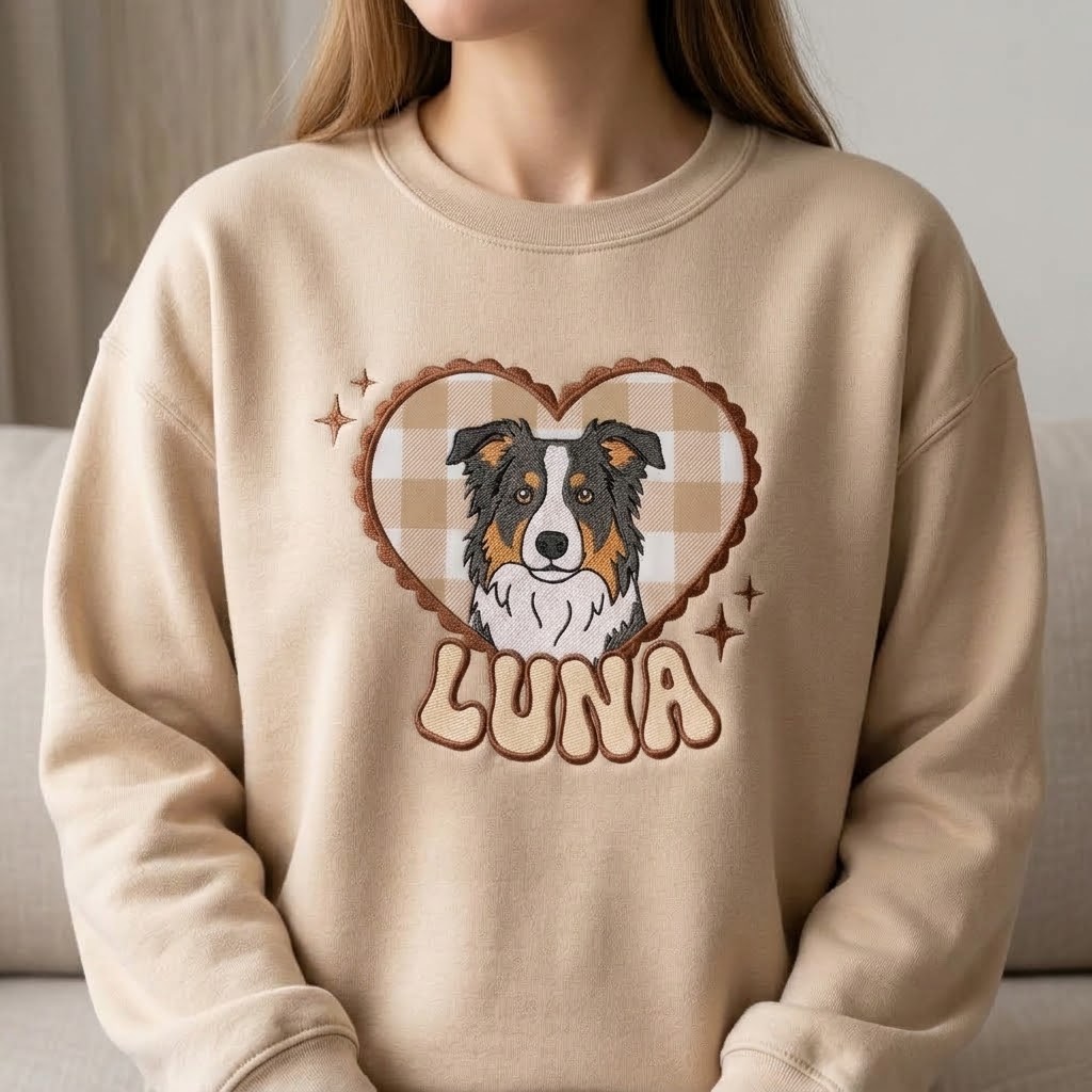 Custom Pet Portrait Christmas Sweatshirt With Heart Shape, Personalized Pet Name Gingham Pullover