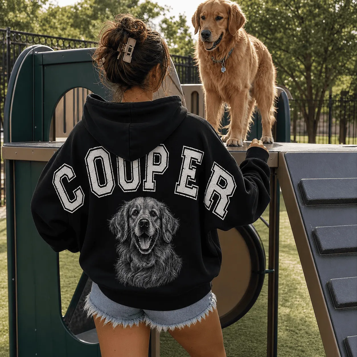 Custom Pet Portrait Sweatshirt with Distressed Big Back Name, Dog Mom Hoodie