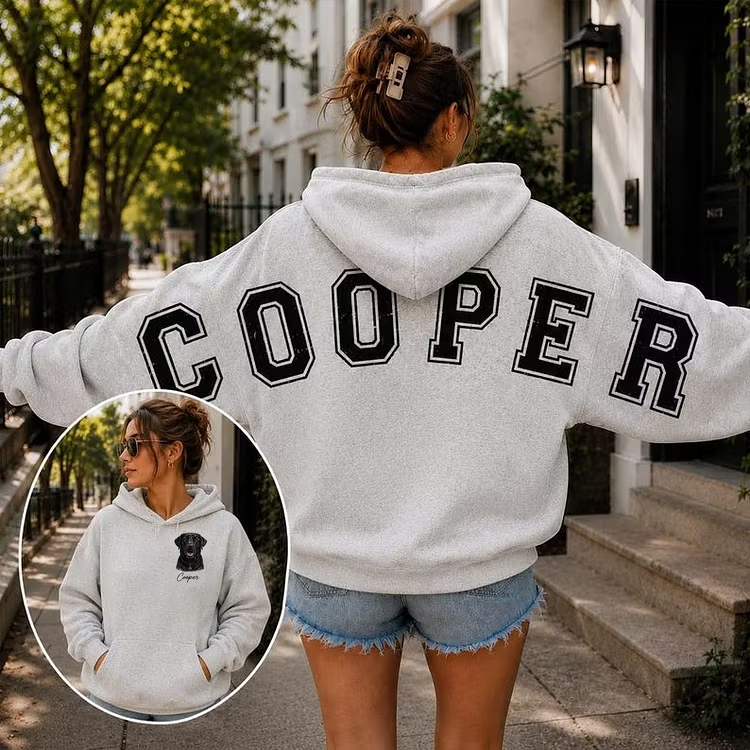 Custom Pet Portrait Sweatshirt with Distressed Big Back Name, Dog Mom Hoodie