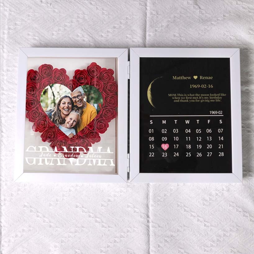 (Grandma Photo With Name) Custom flower frame with REAL MOON PHASE Anniversary Calendar-forlovever