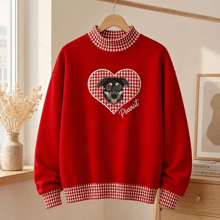 Custom Pet Portrait Embroidered Polka-dot / Gingham Mock Neck with Gingham Applique Heart