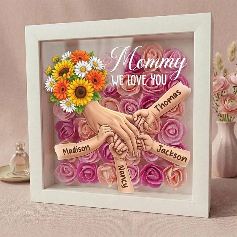 Forlovever™ Sunflower Personalized Mom Holding Hands Memorial Shadow Box – Custom Name Remembrance Frame, Mother’s Day In Loving Memory Gift