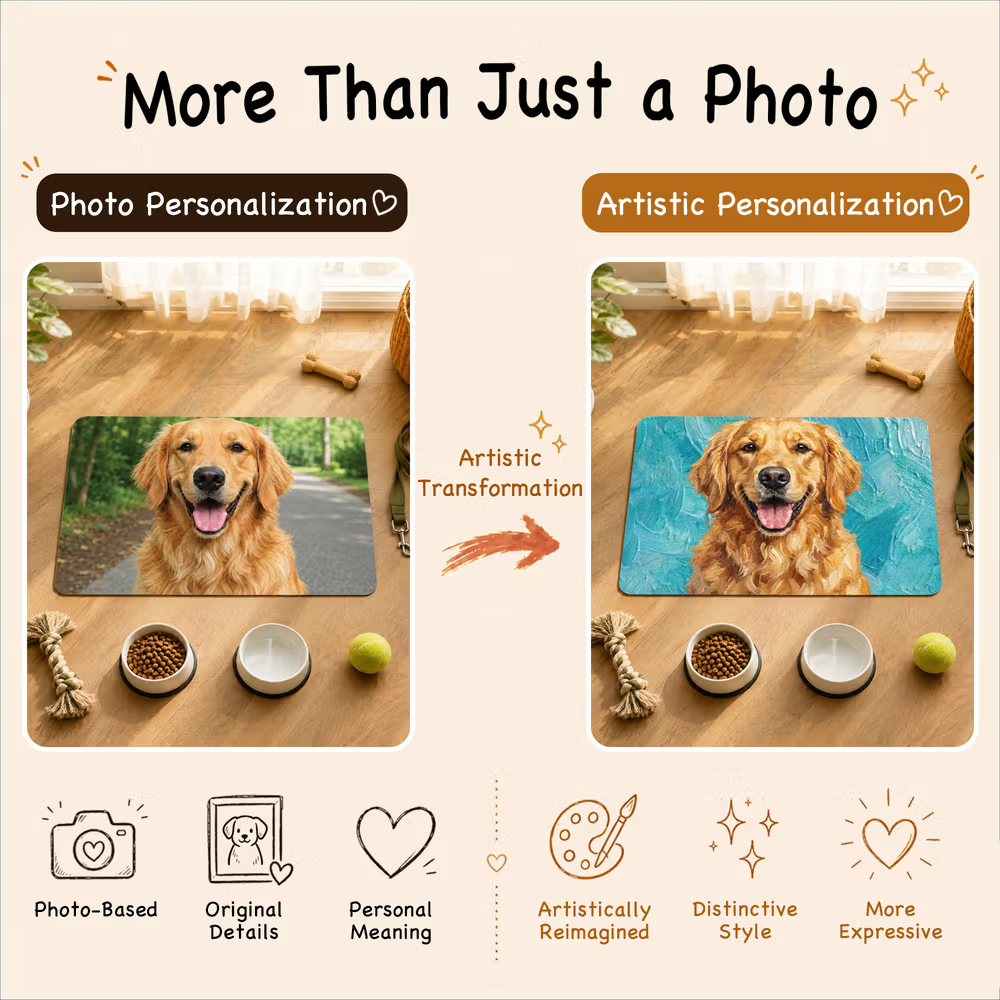 Personalized Oil Painting Style Pet Photo Food Mat with Name Home Decor Pet Supplies Birthday Gift for Cat Dog Pet Owner Lovers
