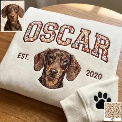 Custom Pet Portrait Floral Applique Embroidered T-Shirt Sweatshirt - Personalized Gift for Pet Lovers with EST Year