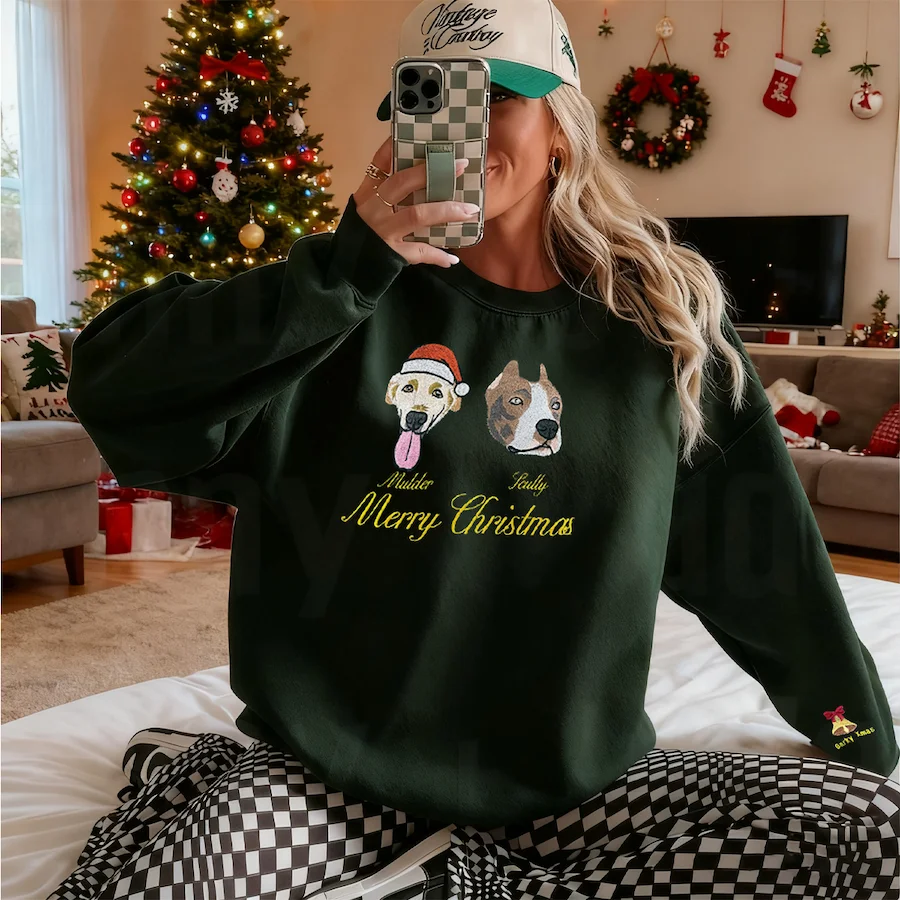 Custom Embroidered Pet Photo Christmas Sweatshirt Hoodie T-shirt Christmas Gift