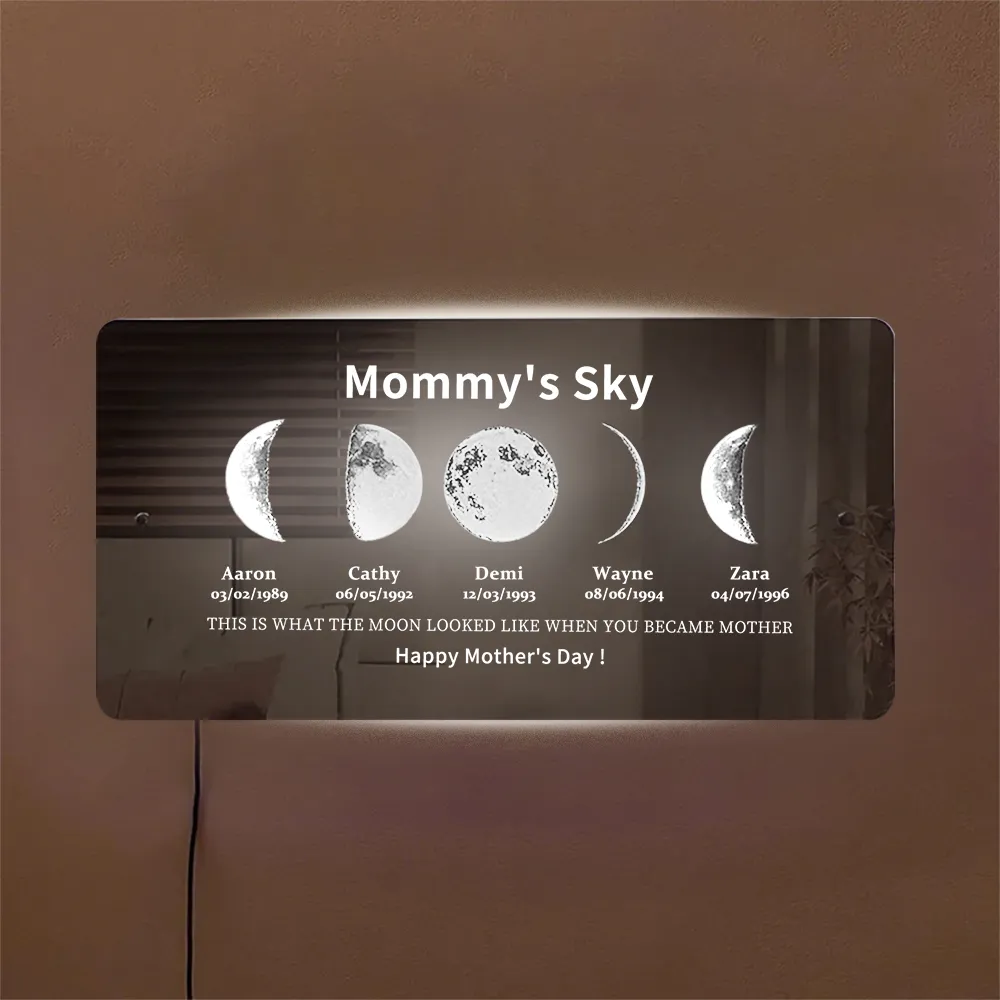 Custom Moon Phase Frame Mirror Light With Text & Date- Custom Art Frame for Mom - Mommy's Universe