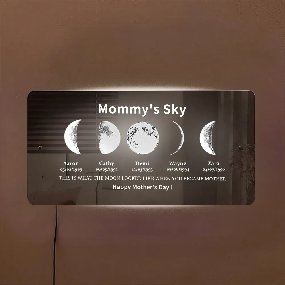 Custom Moon Phase Frame Mirror Light With Text & Date- Custom Art Frame for Mom - Mommy's Universe