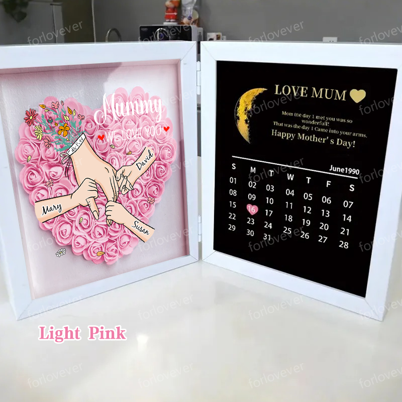 Mum We Love You With REAL MOON PHASE Anniversary Calendar - Personalised Mum & Grandma Flower Shadow Box with Names-forlovever