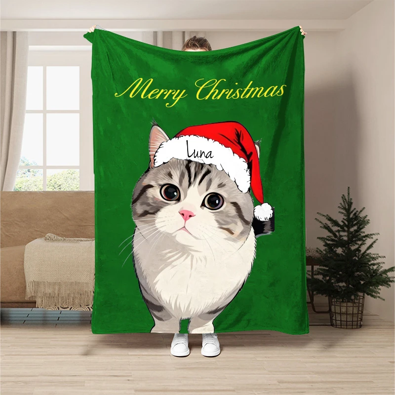 Custom Pet Portrait Christmas Greeting Blanket, Photo Customized Personalized Pet Blanket