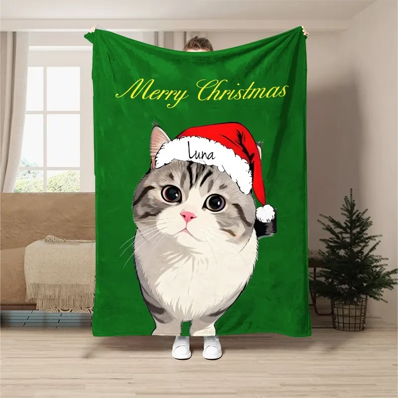 Custom Pet Portrait Christmas Greeting Blanket, Photo Customized Personalized Pet Blanket