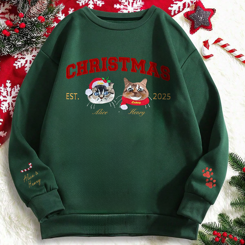 Custom Merry Christmas Embroidered Pet Portrait Sweatshirt with Glitter Side Bow Design
