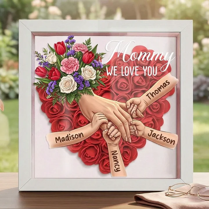 Forlovever™ Tulips & White Roses & Carnations Personalized Mom Holding Hands Shadow Box – Custom Name Remembrance Frame, Mother’s Day In Loving Memory Gift