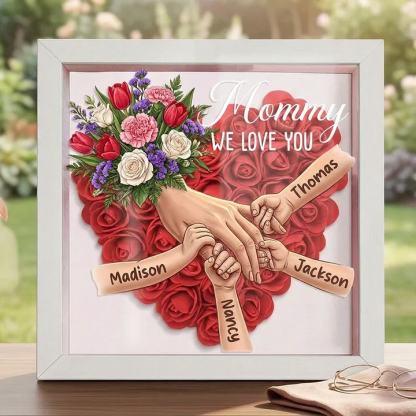 Forlovever™ Tulips & White Roses & Carnations Personalized Mom Holding Hands Shadow Box – Custom Name Remembrance Frame, Mother’s Day In Loving Memory Gift