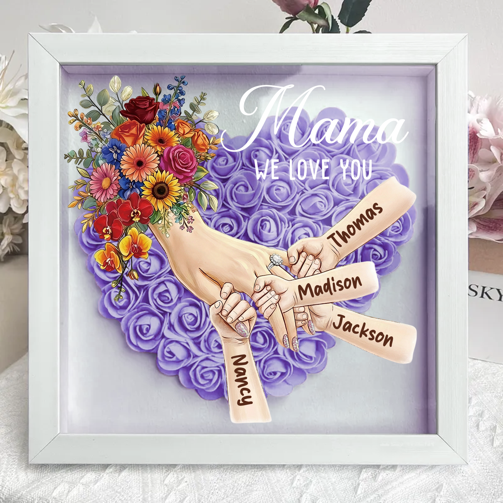 Forlovever™ Custom Mom Holding Hands with Ring & Manicure Shadow Box-Mother's Day Remembrance Frame, In Loving Memory Gift