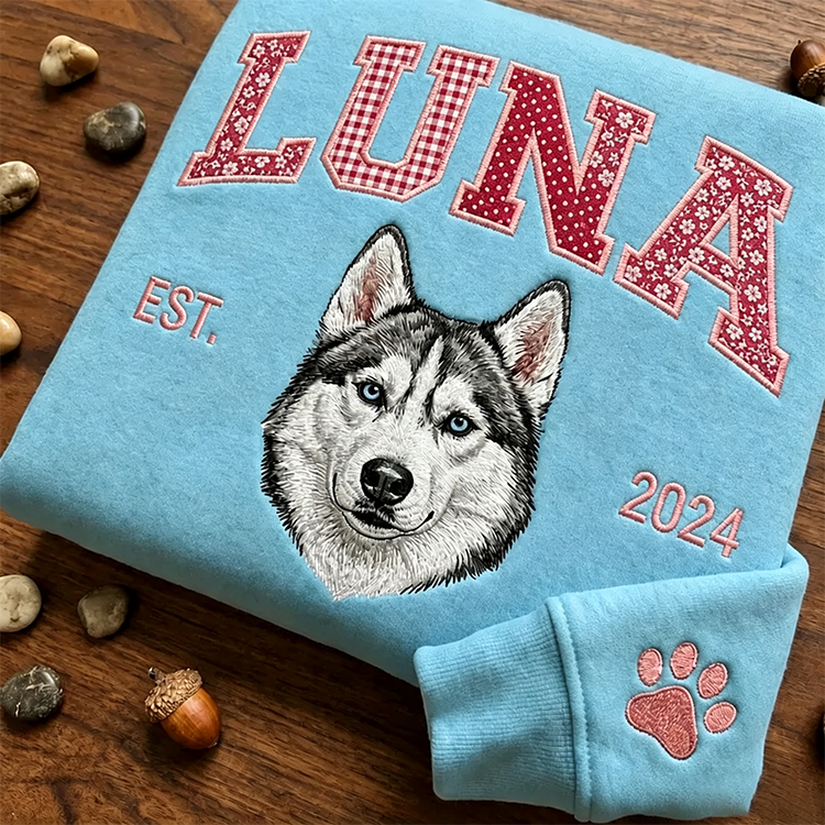 Patchwork Fabric Pet Portrait Embroidered Sweatshirt Custom Dog Cat Gift for Pet Lovers