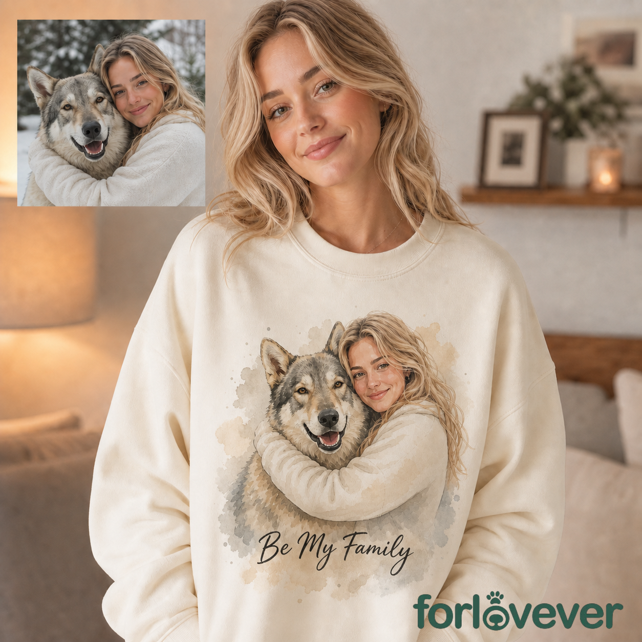 Custom Watercolor Pet & Owner Portrait Sweatshirt, Personalized Pet Photo Crewneck with Custom Text