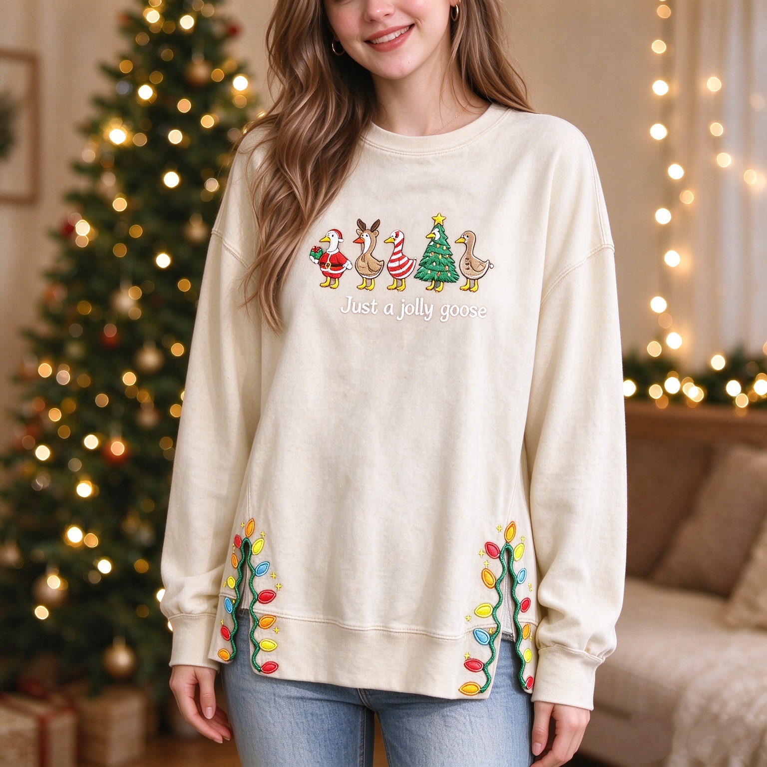 Just A JOLLY Embroidered Goose Crewneck,Christmas Gift For Family
