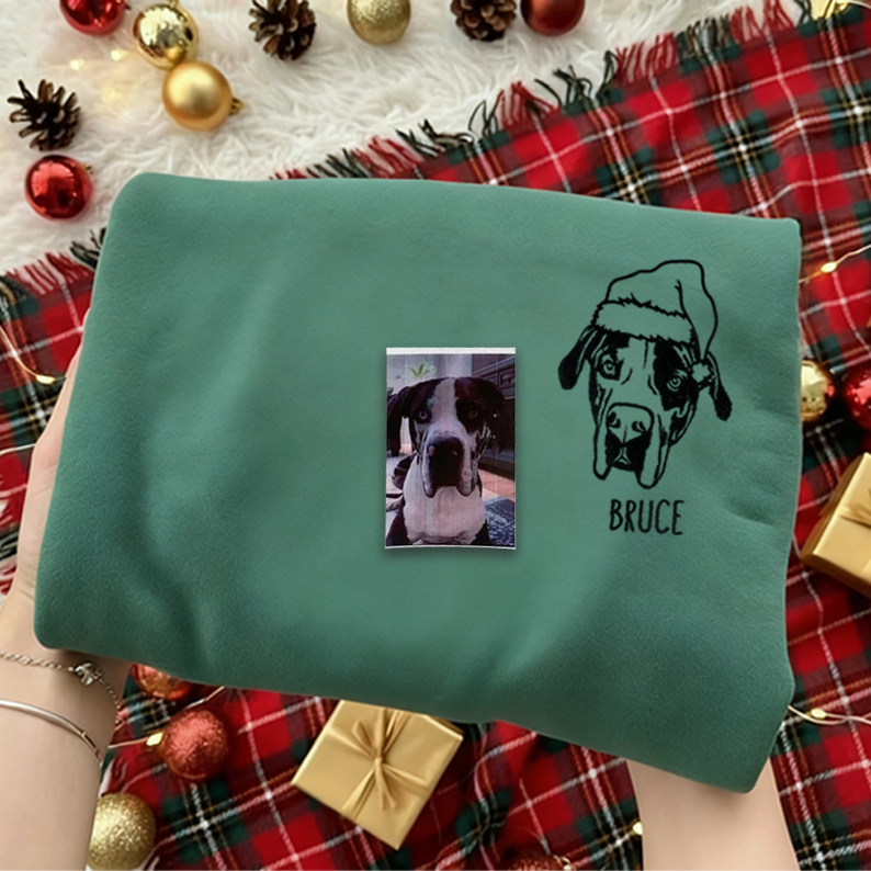 Custom Pet Christmas Hat Solid Color Outline Embroidery Sweatshirts, Hoodies, T-shirts