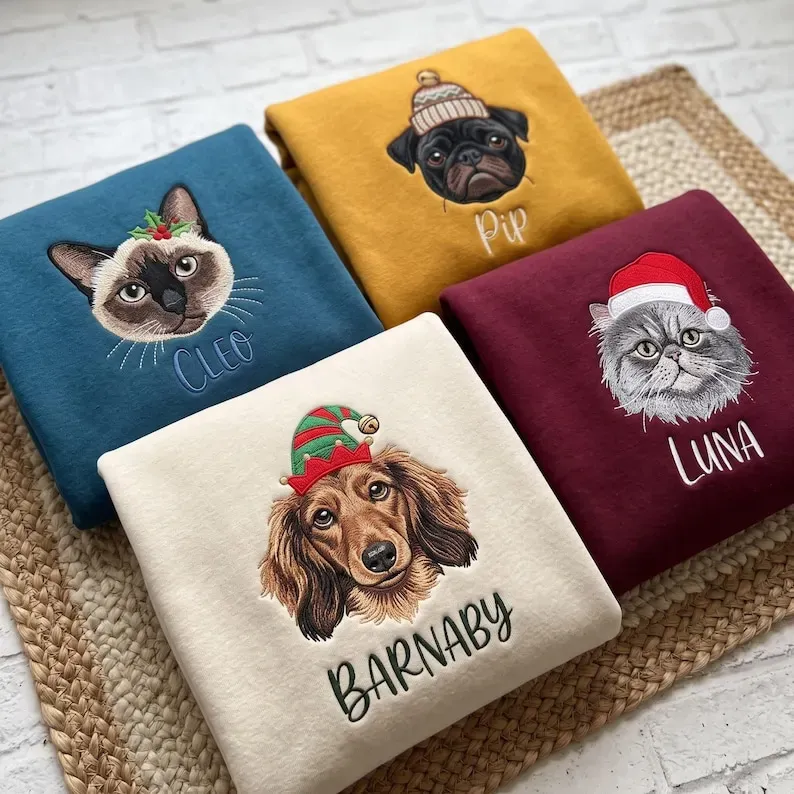 Personalized Pet Christmas Sweatshirt — Embroidered Dog or Cat Portrait with Holiday Hat