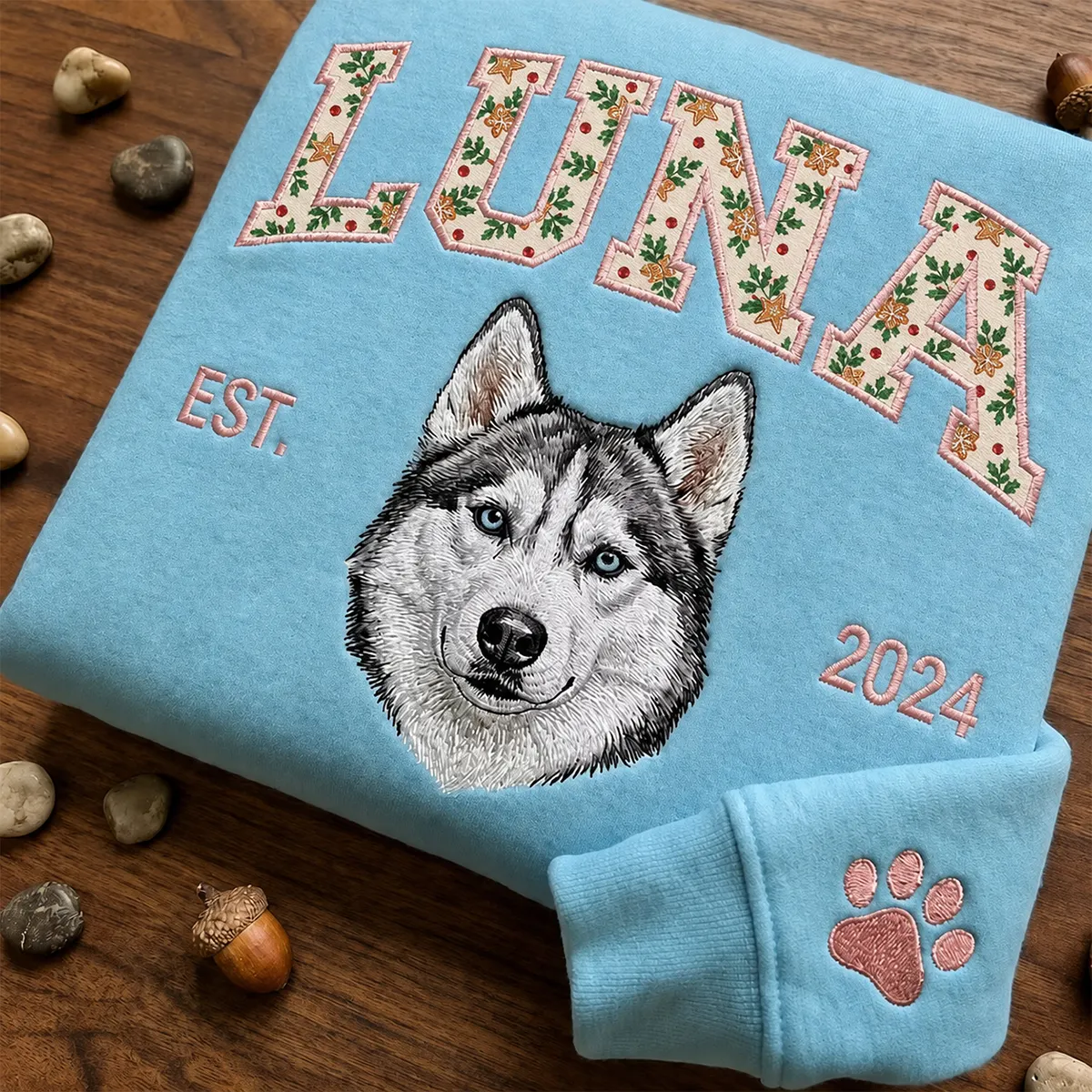 Custom Pet Portrait Embroidered Sweatshirt with Christmas Festive Name Applique